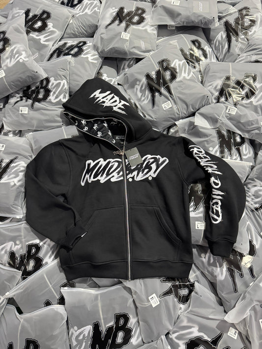 Mudbaby black double zip up hoodie