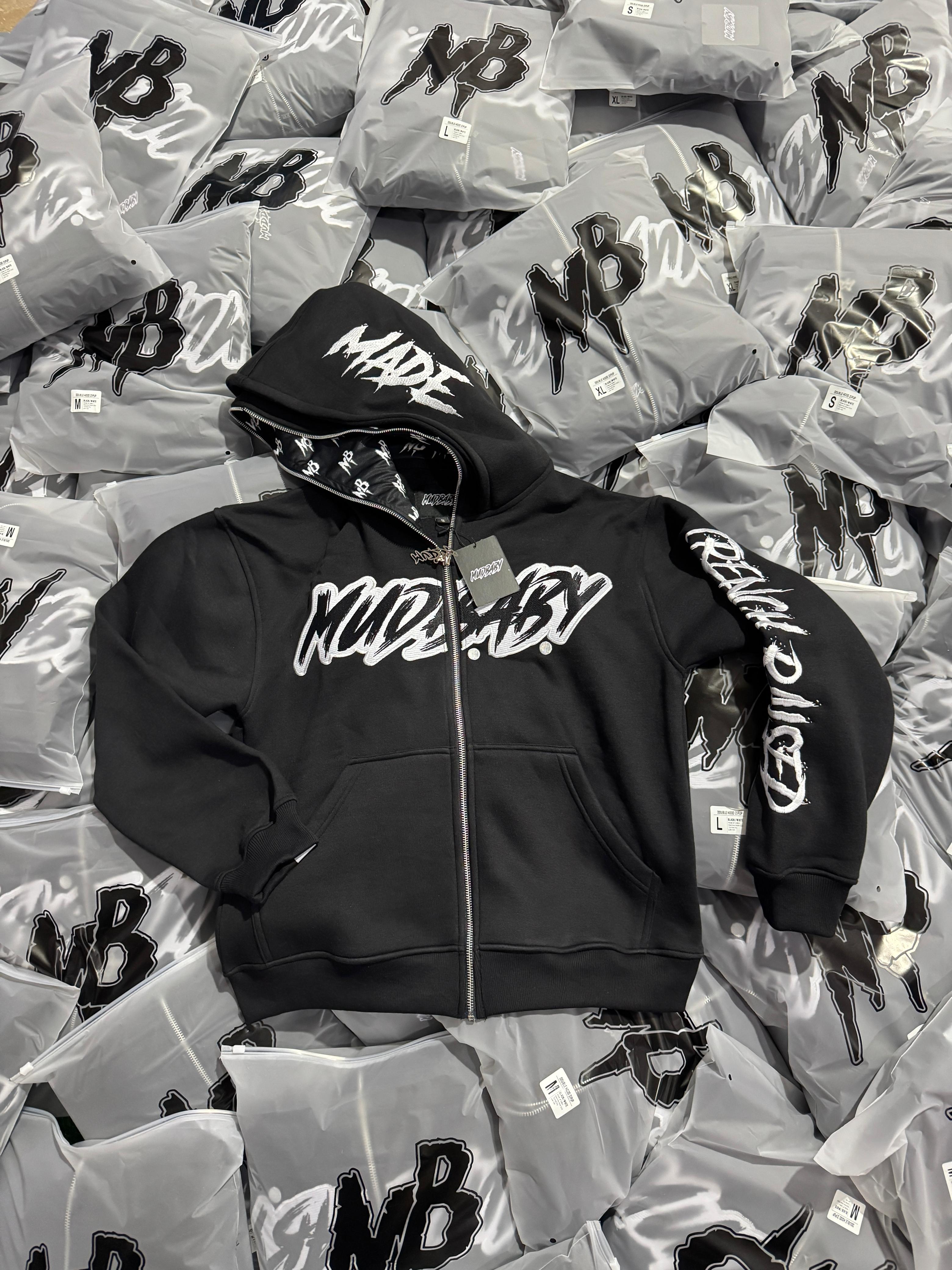 Mudbaby black double zip up hoodie