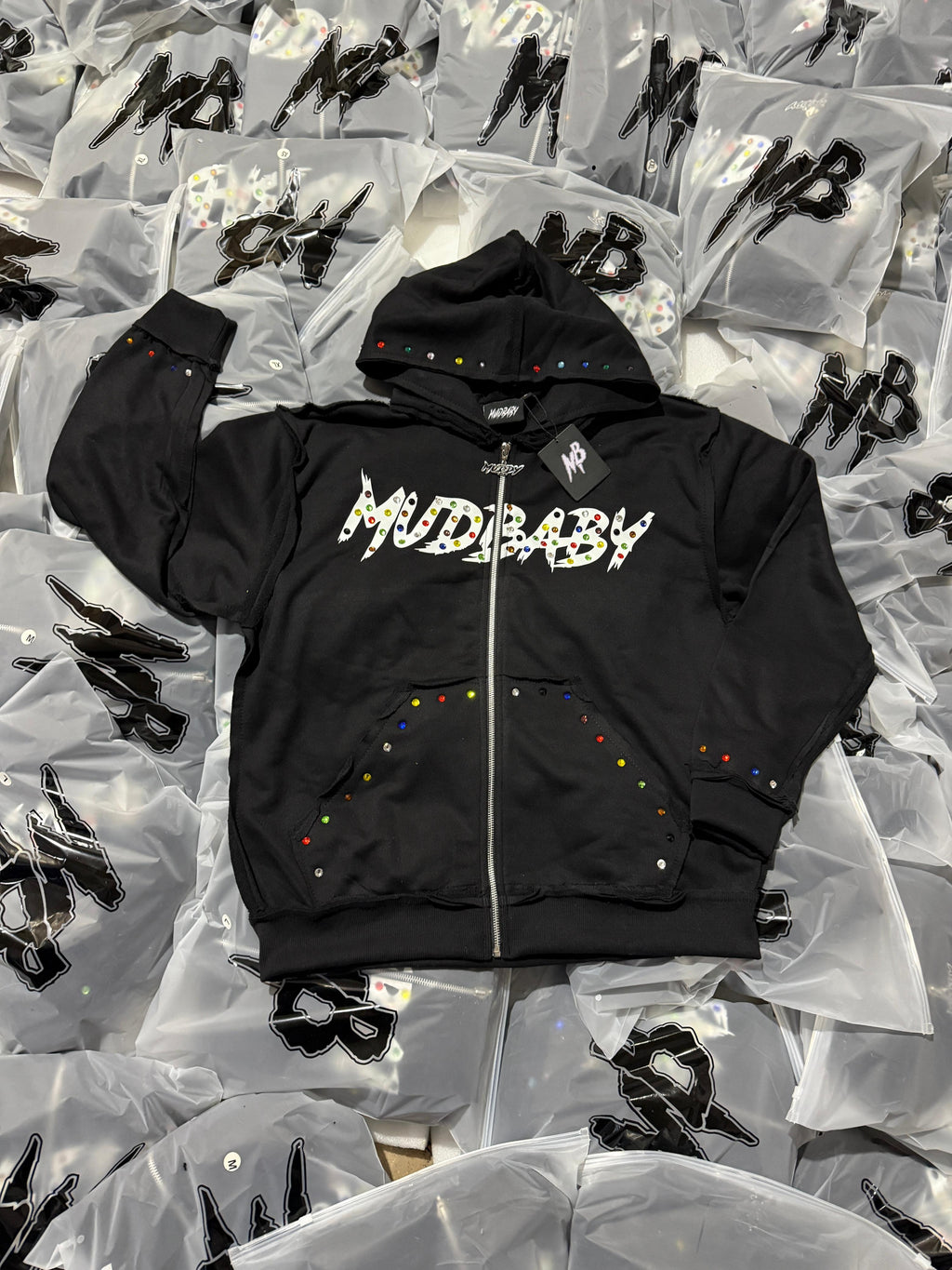 Black Mudbaby colorful rhinestones hoodie